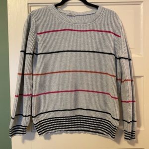 Ee:some medium large gray knit sweater with black pink and orange lines